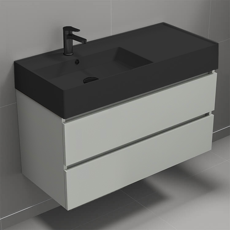 Nameeks BLOCK74 Floating Bathroom Vanity, Matte Black Sink, 40 Inch, Grey Mist